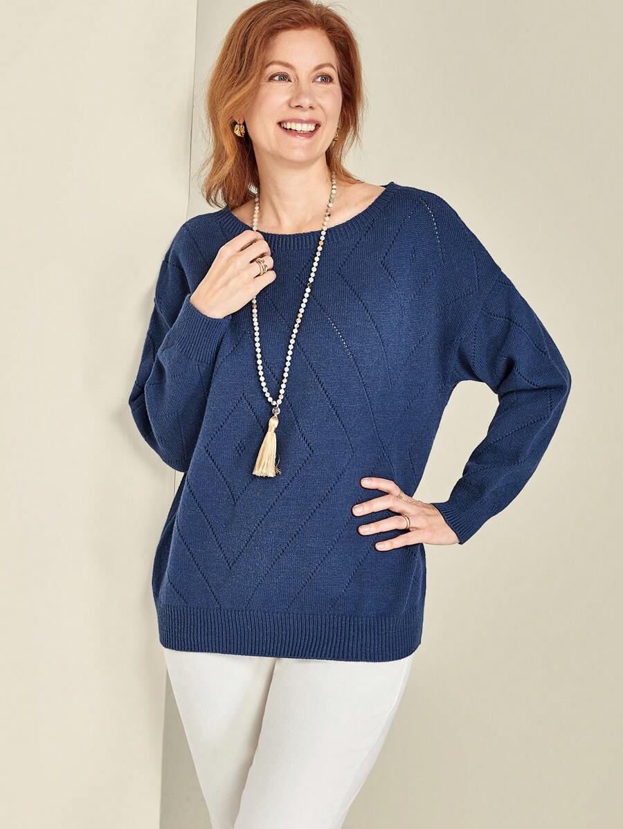 EMERY ROSE Plus Solid Color Crew Neck Casual Versatile Long Sleeve Pullover Sweater Knit Pullover Fall Winter - Navy Blue - View 1