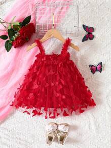 SHEIN Baby Girl Butterfly Appliques Mesh Overlay Cami Dress - Red - View 2