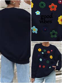 EURMUSE Floral Embroidery Round Neck Drop Shoulder Sweatshirt - Black - View 7