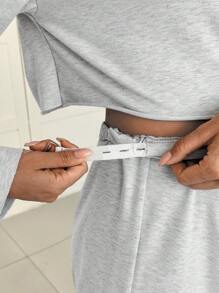 SHEIN 2pcs Maternity V-Neck Crop Top And Wide Leg Pants Set, Simple And Comfortable - Light Grey - View 6