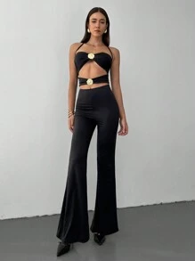 Aloruh Women's Solid Color Hollow Pleated Halter Backless Sexy Sleeveless Jumpsuit