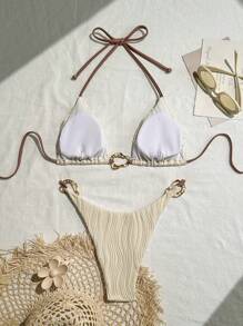 Traje de baño de verano de 2 piezas para mujeres con tirantes asimétricos anudados de color albaricoque - Multicolor - Ver 8