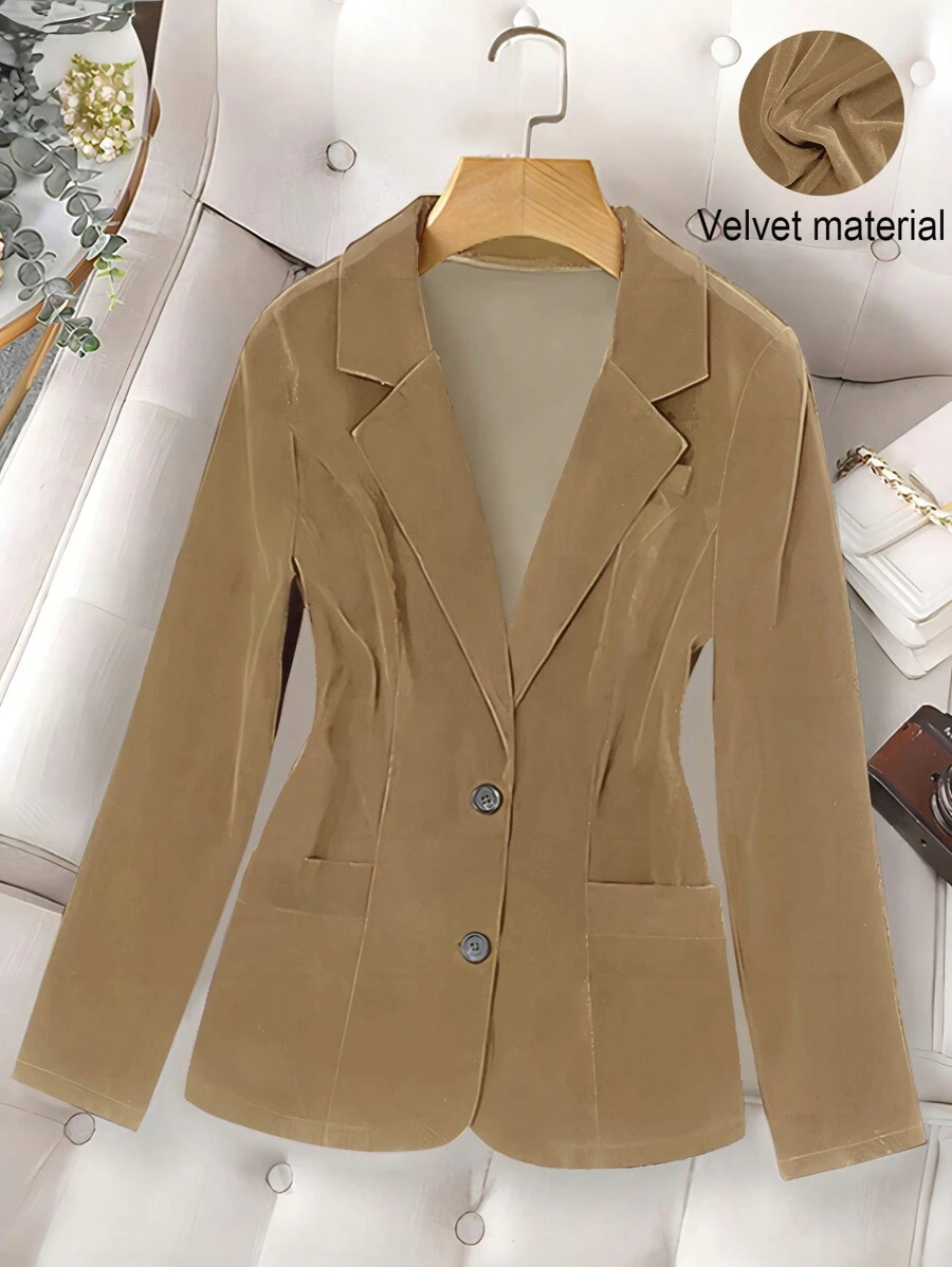 Franclia Áo khoác vest nhung đơn hàng tối giản cho nữ đi làm, mặc mùa thu - Màu be - Xem 1