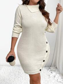 SHEIN LUNE Plus Size High Collar Pullover Wool Sweater Dress, Fitted Design With Lapel, Suitable For Autumn/Winter - White - View 6