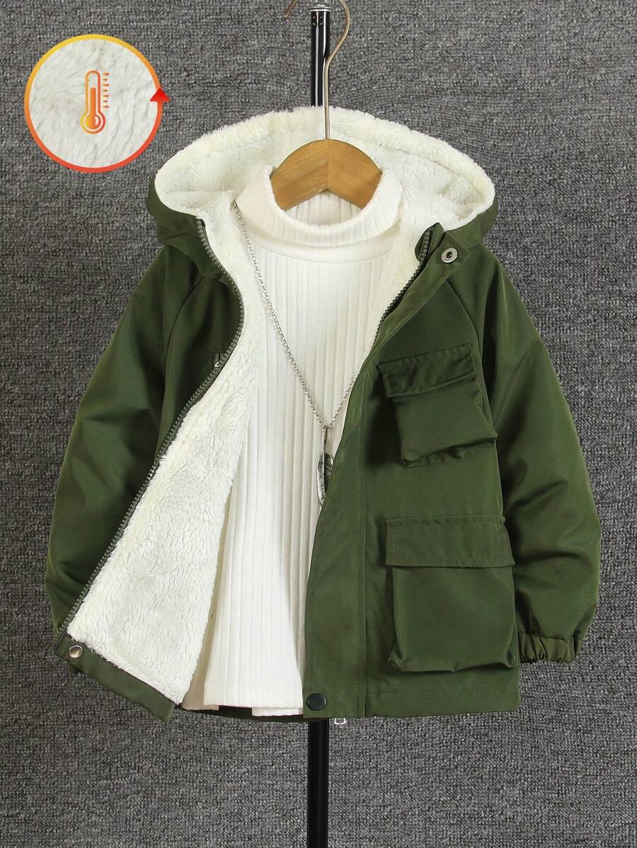 SHEIN 男童休闲连帽加厚棉服外套，冬季 - 軍綠色 - 查看 1