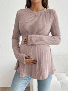SHEIN 孕妇圆领长袖罗纹休闲哺乳上衣 - 粉色 - 查看 5