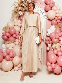 Loomaby Maternity Solid Color Round Neck Pleated Shawl Collar Dress, For Baby Shower Party - Khaki - View 6