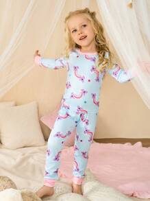 SHEIN 2pcs Baby Girls Rainbow Bear Print Snug Fit Long Sleeve Top And Leggings Loungewear Set, Fashionable & Cute - Multicolor - View 4