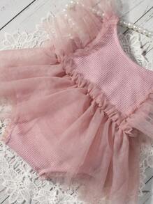 SHEIN Newborn Photography 2pcs Set - Solid Color Mesh Ruffle Romper And Headband Christening Dusty Mauve Summer Cute - Purple - View 7