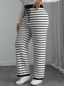Franclia Plus Size Knitted High Waist Striped Colorblock Casual Commuter Women Sweater Pants