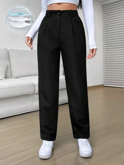 SHEIN EZwear Pantalones casuales sueltos de pierna recta con plisados de cintura alta negros para mujeres