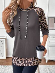 EMERY ROSE 女士法国羊毛撞色豹纹与花卉印花长袖休闲运动衫 - 深灰色 - 查看 5