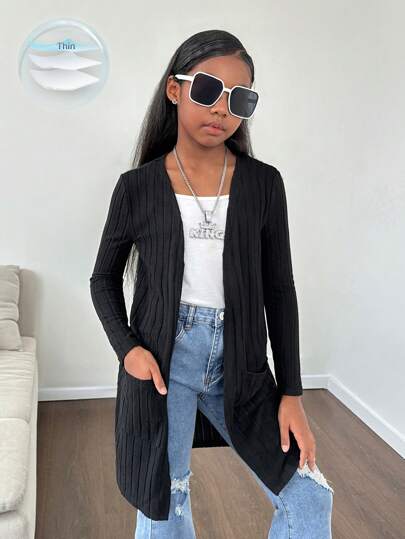 SHEIN Leap Crew Tween Girl Daily CasualKnitted Long Sleeve Casual Pocketed Black Knit Lightweight Breathable Classic Easy-Care Cardigan,In Fall/Winter