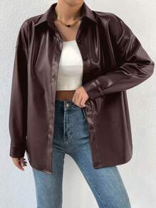 SHEIN Privé Áo khoác nữ dáng suông màu đỏ tía bằng da giả, kiểu dáng thanh lịch, dễ phối đồ, màu sắc tươi tắn. - màu nâu - Xem 1