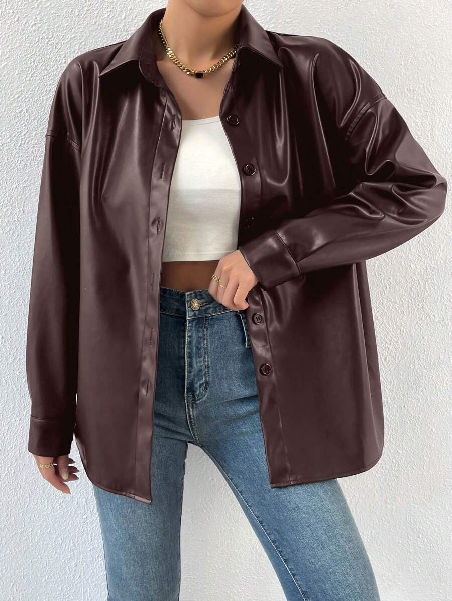SHEIN Privé Áo khoác nữ dáng suông màu đỏ tía bằng da giả, kiểu dáng thanh lịch, dễ phối đồ, màu sắc tươi tắn. - màu nâu - Xem 1