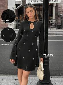 Chiquease Vestido corto con cuello redondo, mangas acampanadas con cuentas y ajuste de cintura para mujer