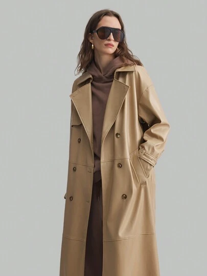 Ontre Abrigo largo impermeable cruzado de doble botonadura, de unicolor, de estilo de negocios casual, para mujer, primavera Año Nuevo Chino 2025