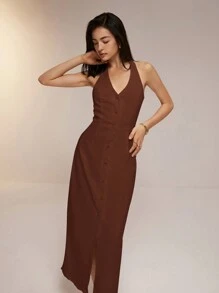 Poéselle 1 件女式纯色 V 领单排扣长款优雅吊带连衣裙 - 咖啡棕 - 查看 4