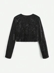 SHEIN EZwear Women Elegant Velvet Bow Decor Cropped Jacket, For Autumn