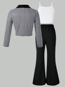 Tween Girl Houndstooth Print Button Front Long Sleeve Jacket + White Camisole + Black Flare Leg Pants Elegant 3Pcs Set - Black - View 2