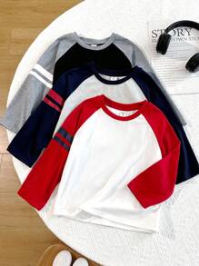 3 件套青少年男童休闲运动拼色针织圆领宽松套头 T 恤套装，适合通勤、上学、日常休闲、旅行和运动，适合春、夏、秋、冬四季 - 彩色 - 查看 3