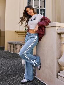 女式侧条纹直筒宽松休闲牛仔裤，Y2K 风格织带蝴蝶结 - 淺色水洗藍 - 查看 8