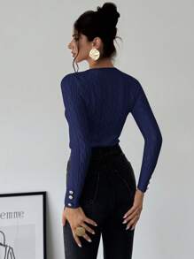 Firerie Áo len bó sát cổ tròn màu trắng thanh lịch giản dị phong cách học thuật cho nữ - Màu xanh hải quân - Xem 2