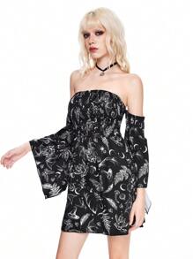 ROMWE Fairycore Women's Off-Shoulder Butterfly & Moon Print Flare Sleeve Witchy Dark Magic Dress - Black - View 5