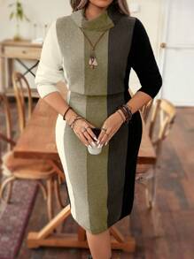 Calvaya Plus Size Autumn/Winter Casual Color Block Striped Bodycon Sweater Dress - Khaki - View 1