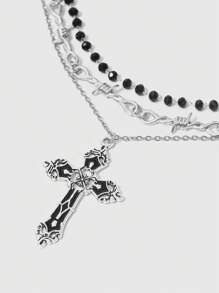 ROMWE Hippie 2pcs Gothic Dark Faux Pearl Cross Pendant Multilayer Necklace, Festival Gift For Women