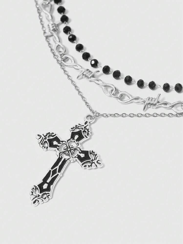 ROMWE Hippie 2個 ゴシック調 ダークフェイクパール クロスペンダント マルチレイヤーネックレス、女性への祭りのギフト、ハロウィン - シルバー - 見る 2