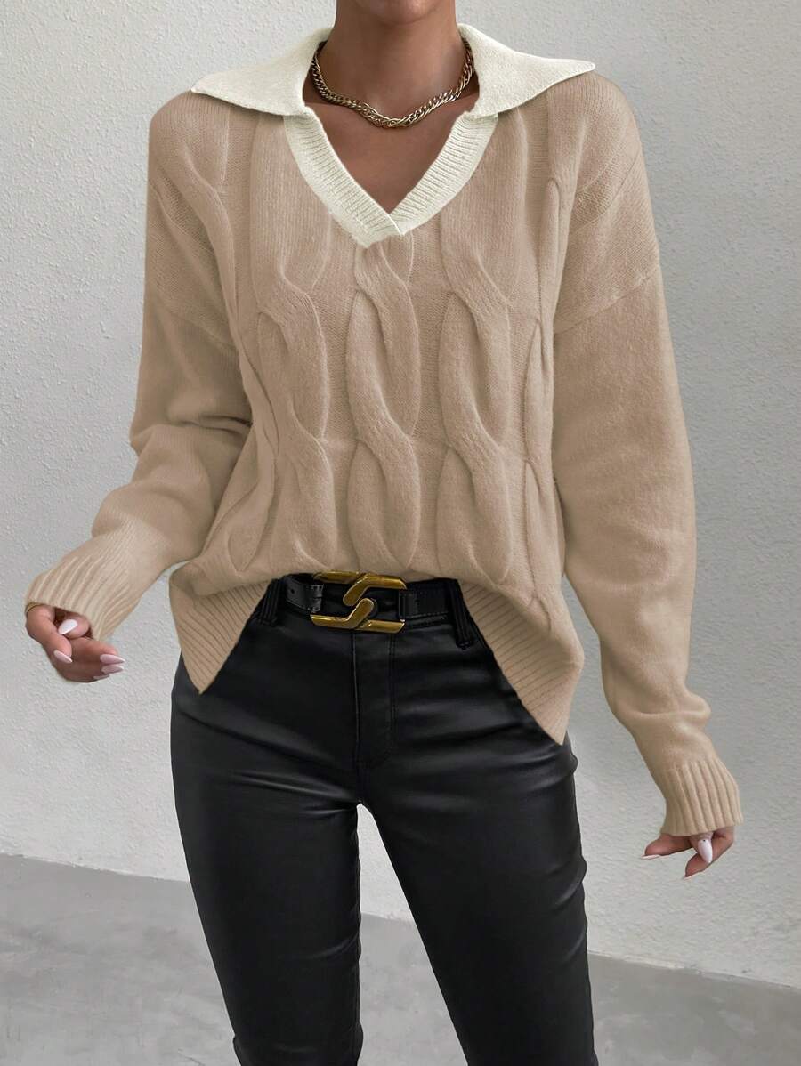 Chiquease 1 件女式纯色撞色袖简约针织套头衫，休闲日常穿着