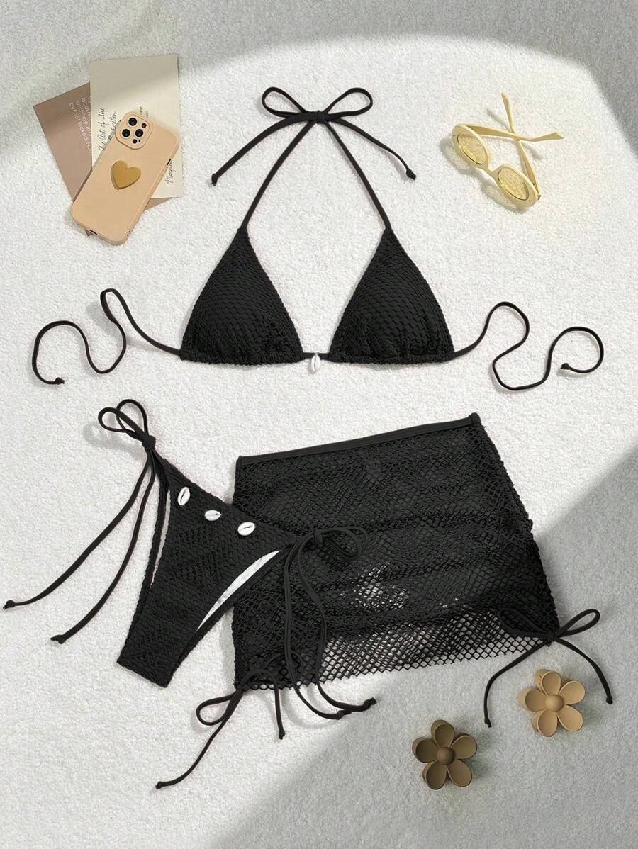 Swim Vcay 3 Stücke/Set einfarbiges Dreieck Trägertop, Bikinihose mit seitlicher Schnürung und Mesh Cover-Up-Rock, Damen Sommer Bikini Set
