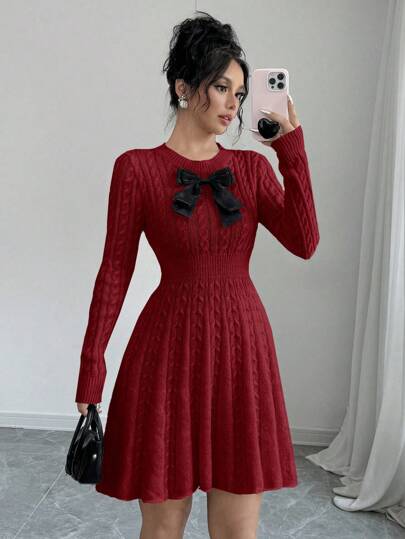 Selianne Kvinnor Casual Elegant pilbåge Dekor Kabelstickad Tröja med knäppning i midjan, höst/vinter