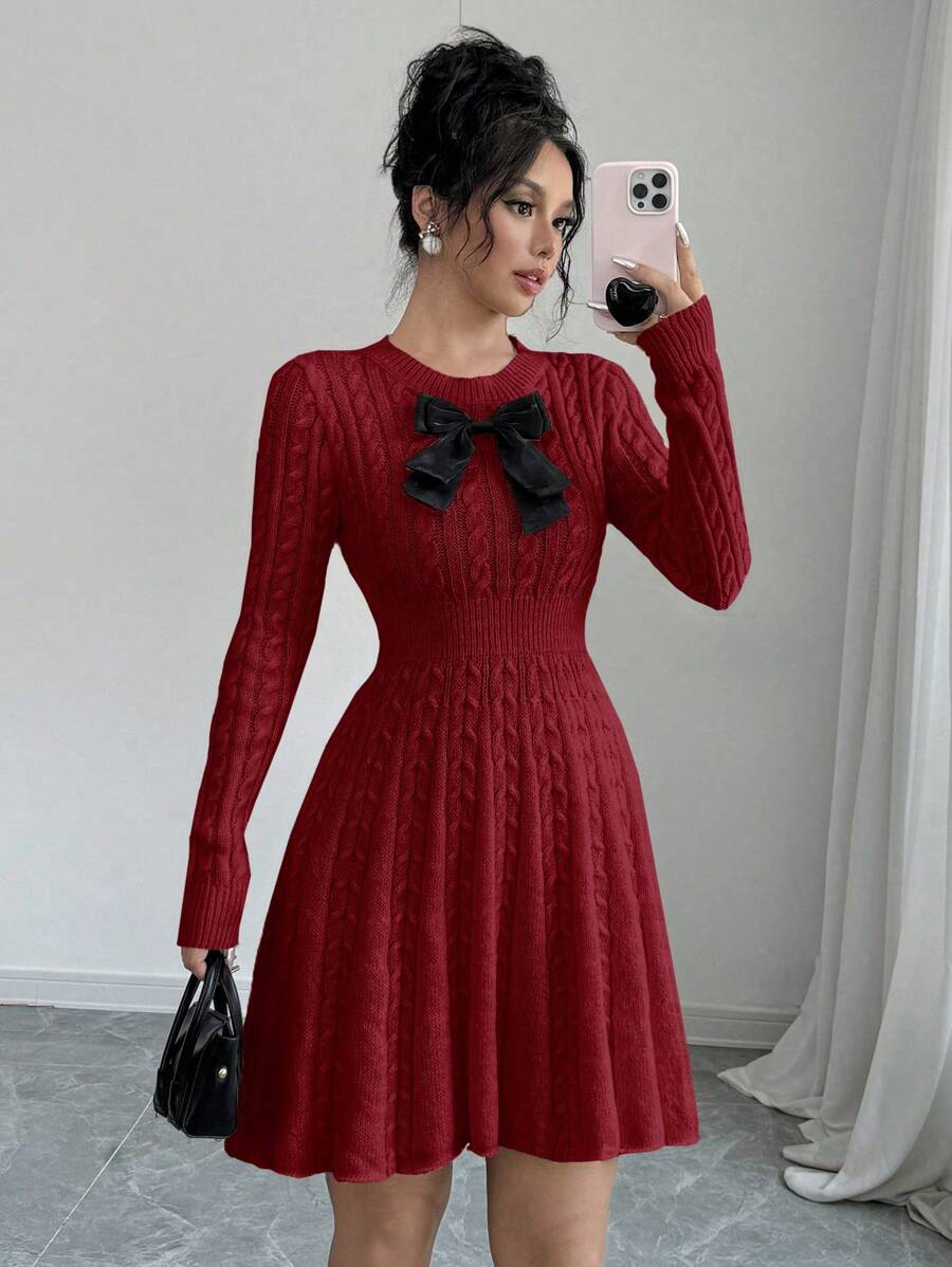 Selianne Váy len thắt eo trang trí nơ thanh lịch giản dị cho nữ, mùa thu/đông - Màu Đỏ Sâu - Xem 1