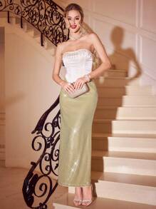 Vintamour Women's Elegant Sage Green Sequin A-Line Skirt,Vintage Autumn Dinner Party Skirt For Christmas Thanksgiving New Year Eve,Suitable For All Seasons - Gold - View 4