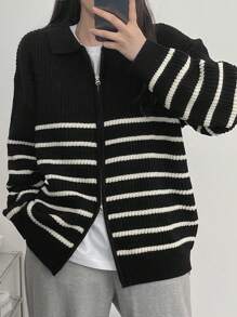 DAZY Women Striped Color Block Zip Up Cardigan,Fall Clothes - Black and White - View 1
