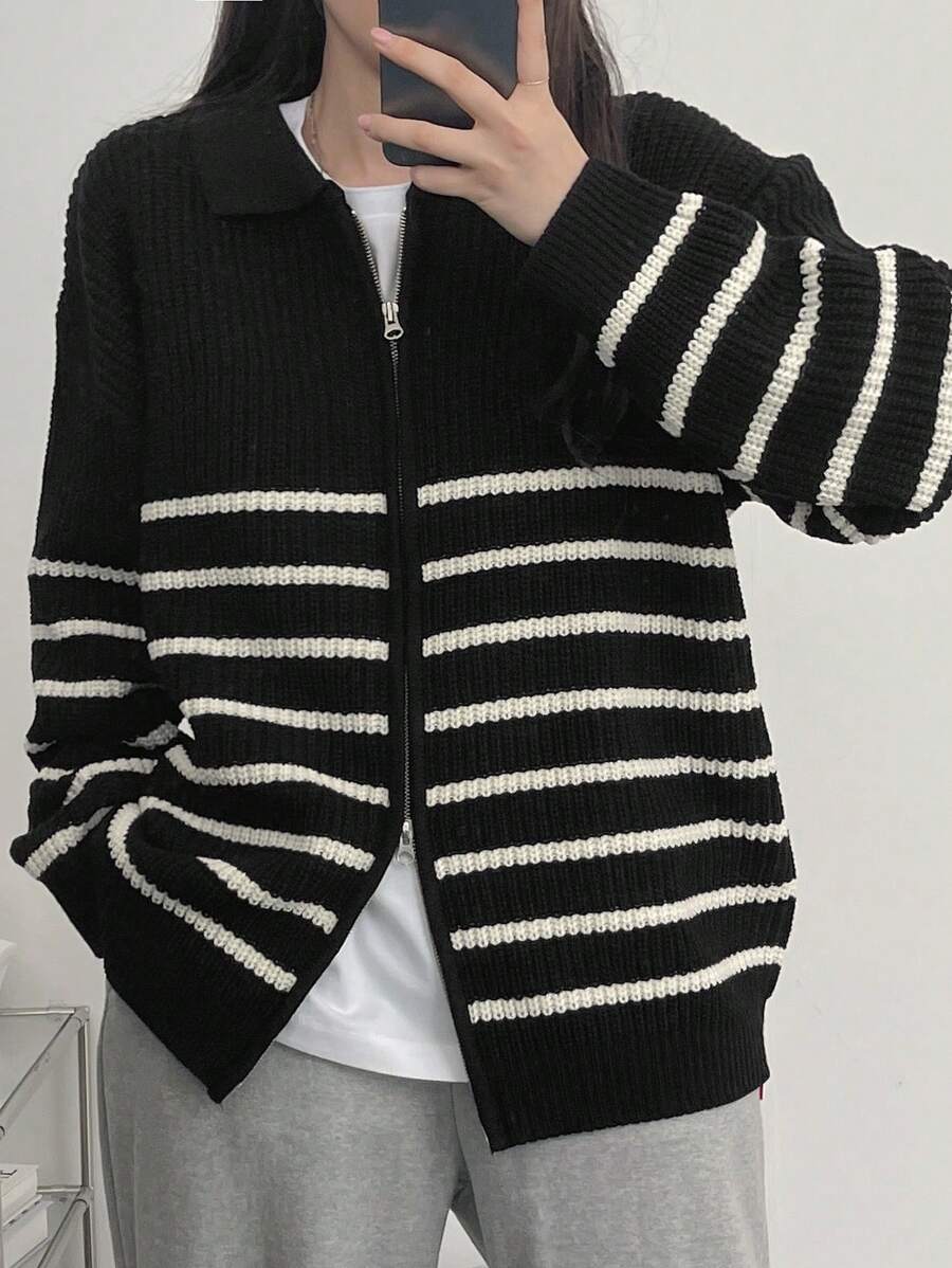 DAZY Women Striped Color Block Zip Up Cardigan,Fall Clothes - Black and White - View 1