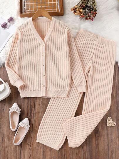 2pcs Knitted Set For Girls, Fashionable Minimalist Solid Color Sweater Cardigan And Knit Pants, Autumn/Winter