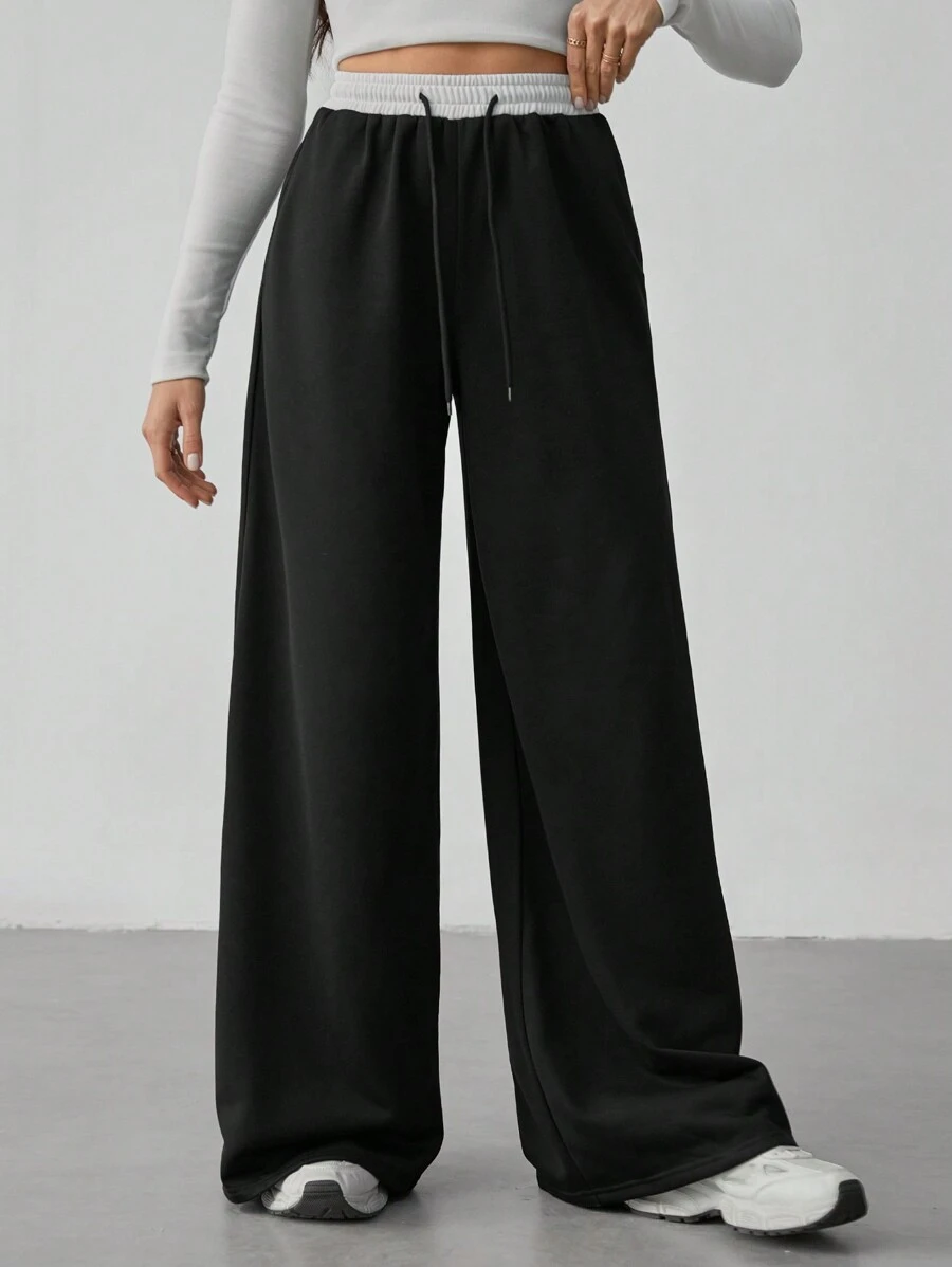 SHEIN Tall 女款撞色腰阔腿裤 - 黑色 - 查看 1