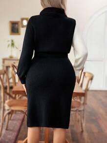 Calvaya Plus Size Autumn/Winter Casual Color Block Striped Bodycon Sweater Dress - Khaki - View 2