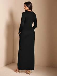 SHEIN BAE 女士纯色棕色/咖啡色不对称褶皱长袖高开衩加厚针织连衣裙，适合鸡尾酒会、浪漫约会、冬季分层穿着、派对、正式活动、伴娘礼服、夜间外出、万圣节、圣诞节