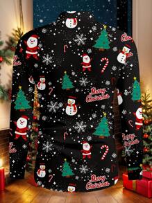 Manfinity AFTRDRK 1pc Men's Santa Claus Print Long Sleeve Single-Breasted Casual Shirt, Autumn For Christmas - Black - View 5