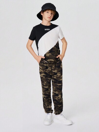 SHEIN Leap Crew Tween Boy Letter & Camo Print Colorblock Tee & Sweatpants