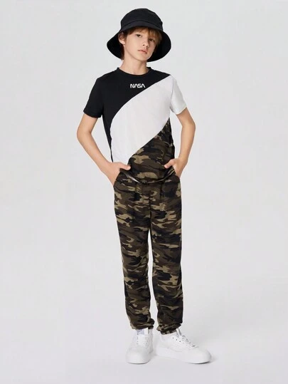 SHEIN Leap Crew Tween Boy Letter & Camo Print Colorblock Tee & Sweatpants