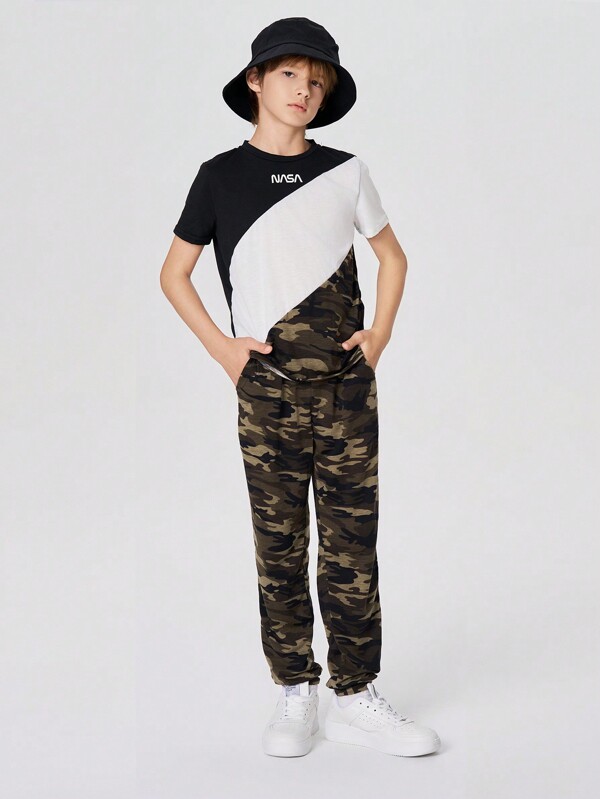 SHEIN Tween Boy Letter & Camo Print Colorblock Tee & Sweatpants