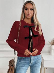 SHEIN Unity 女士休闲系带开衫，适合秋冬季 - 紅色 - 查看 4