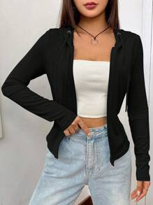 SHEIN EZwear 女士秋冬拉链抽绳连帽舒适卫衣 - 黑色 - 查看 7