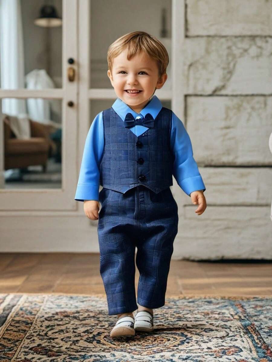 SHEIN Bộ 3 món dành cho bé trai: Áo vest kẻ caro, áo sơ mi dài tay và quần. Bộ sản phẩm có họa tiết kẻ caro cổ điển và áo sơ mi cổ bẻ cài nút dễ mặc. Quần có cạp chun tạo sự thoải mái. Bộ trang phục thời trang và thoải mái này phù hợp cho các dịp sinh nhật, tiệc tùng, đám cưới, lễ rửa tội và các dịp đặc biệt khác. - Nhiều màu - Xem 1