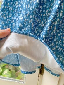 SHEIN Váy chữ A xếp ly họa tiết hoa màu xanh navy thanh lịch theo phong cách Pháp mùa thu/đông cho bé gái - Màu xanh lam - Xem 4